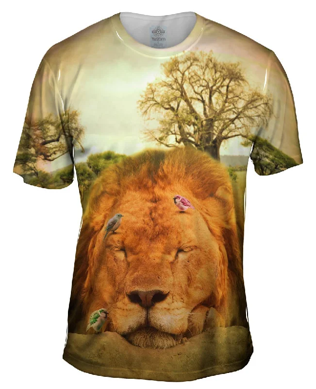 Baseball Graphic T-Shirt-Sleeping Lion And Birds