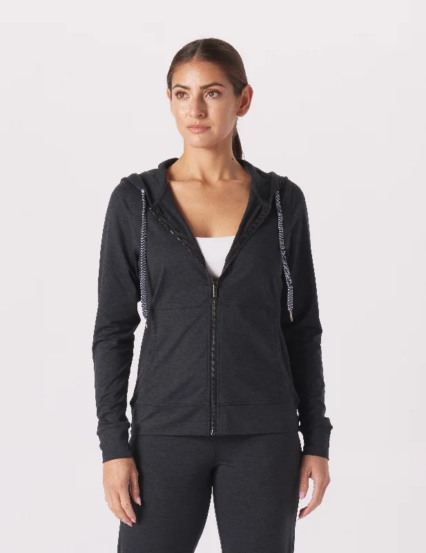 Long Sleeve Sweatshirt-On The Go Lightweight Zip Up Hoodie: Black Marble