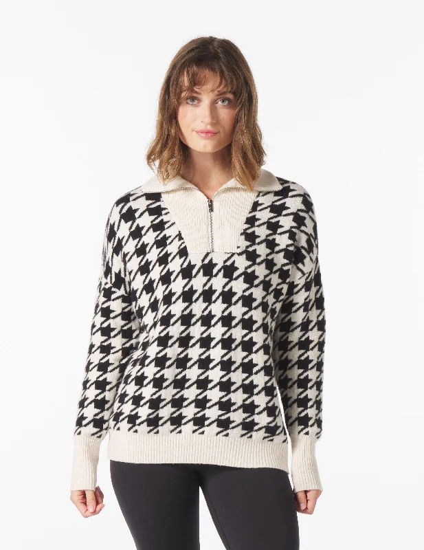 Soft Knit Long Sleeve-Elevated 1/4 Zip: Black/Oatmilk Houndstooth