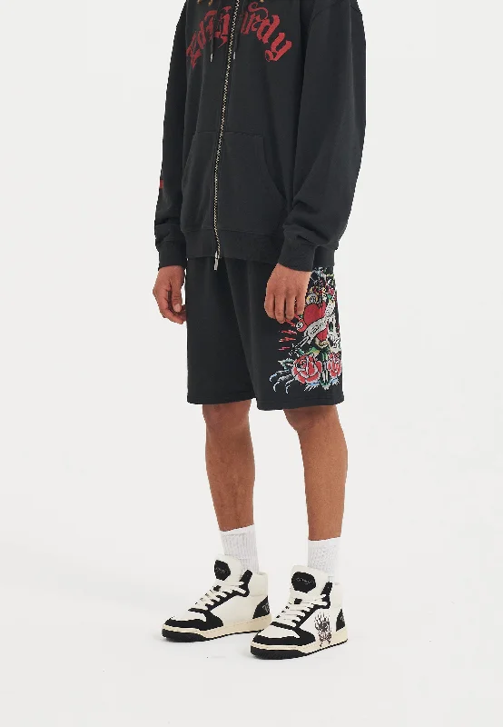 Pleated Front Shorts-Mens Panther & Roses Sweat Shorts - Black