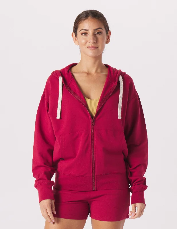 Trendy V-Neck Long Sleeve-Vintage Oversized Zip Up: Cardinal