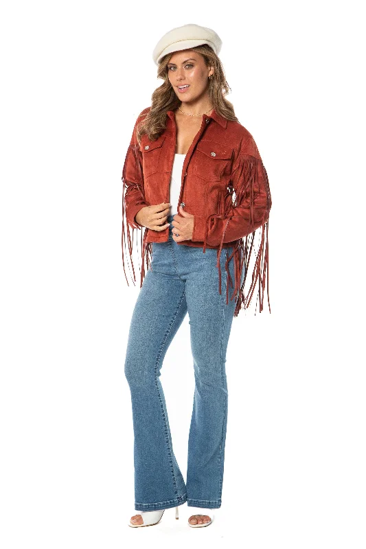 Softshell Jacket-Faux Leather Fringe Trucker Jacket