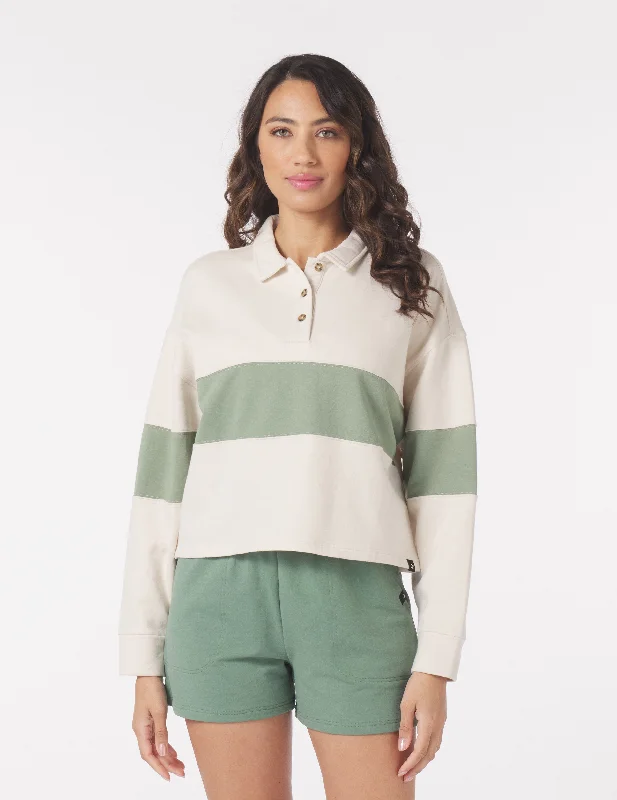 Trendy Crew Neck Long Sleeve-Lounge Skimmer Polo: Oatmilk/Sage Stripes