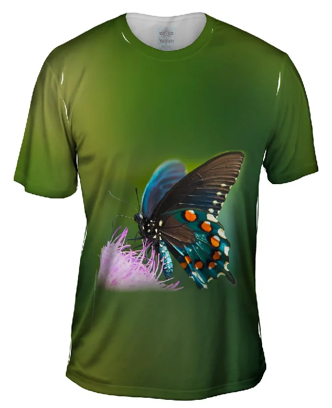 Floral Design T-Shirt-Green Spotted Butterfly