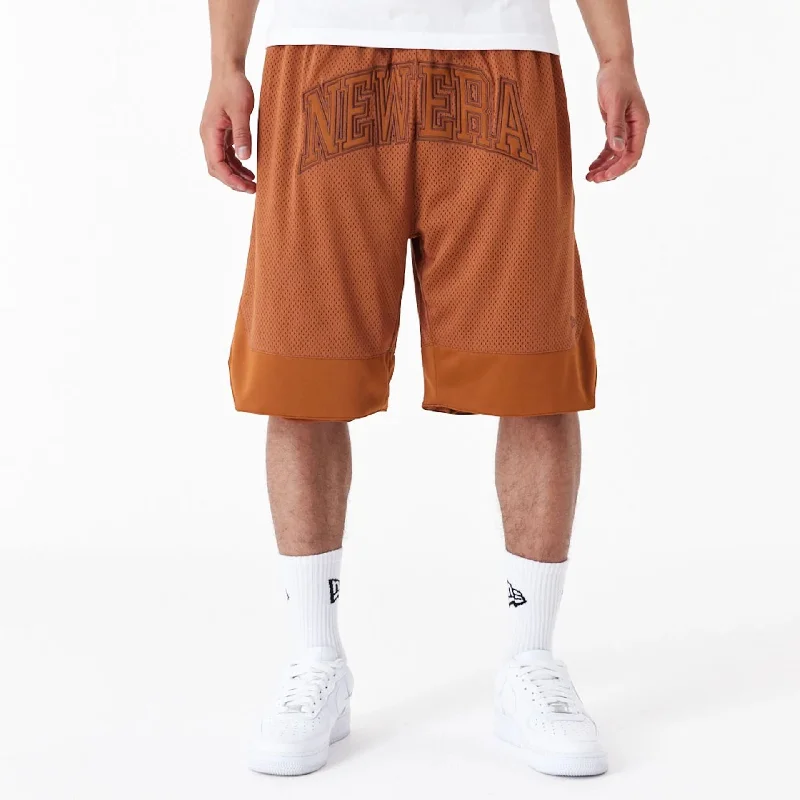 Relaxed Summer Lounge Shorts-New Era Arch Logo Brown Mesh Shorts