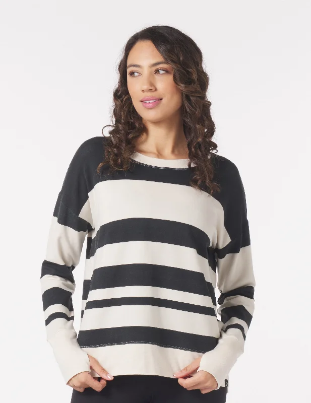 Comfortable Casual Long Sleeve-Lounge Long Sleeve: Black/Oatmilk Variegated Stripes