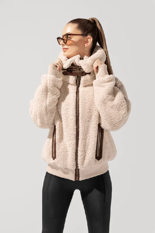 Sporty Running Jacket-The Kinsley Bomber Jacket in Faux Sherpa - Taupe