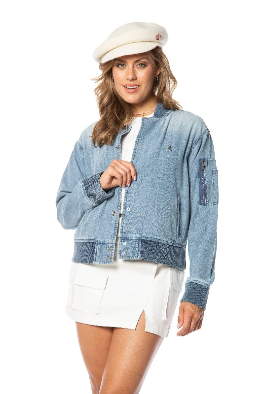 Casual Denim Jacket-Denim Bomber Jacket with Ribbed detail