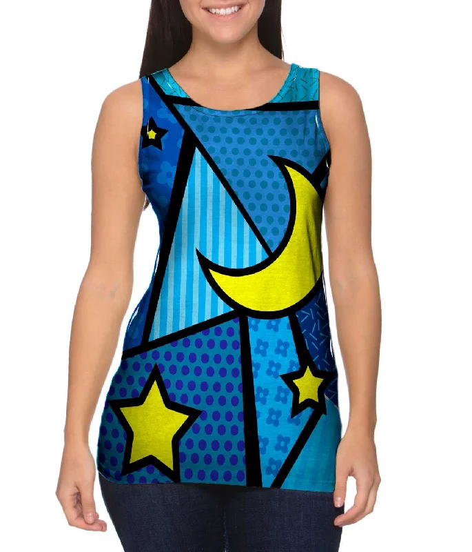 Trendy Sleeveless Shirt-Moon and Stars on Blue