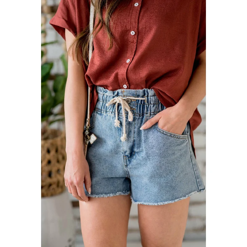 Striped Summer Shorts-Frayed Bottom Tie Denim Shorts