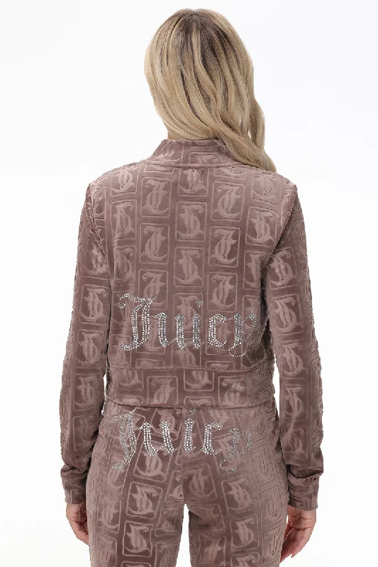 Faux Fur Lined Jacket-Big Bling Embossed Velour Bomber Jacket