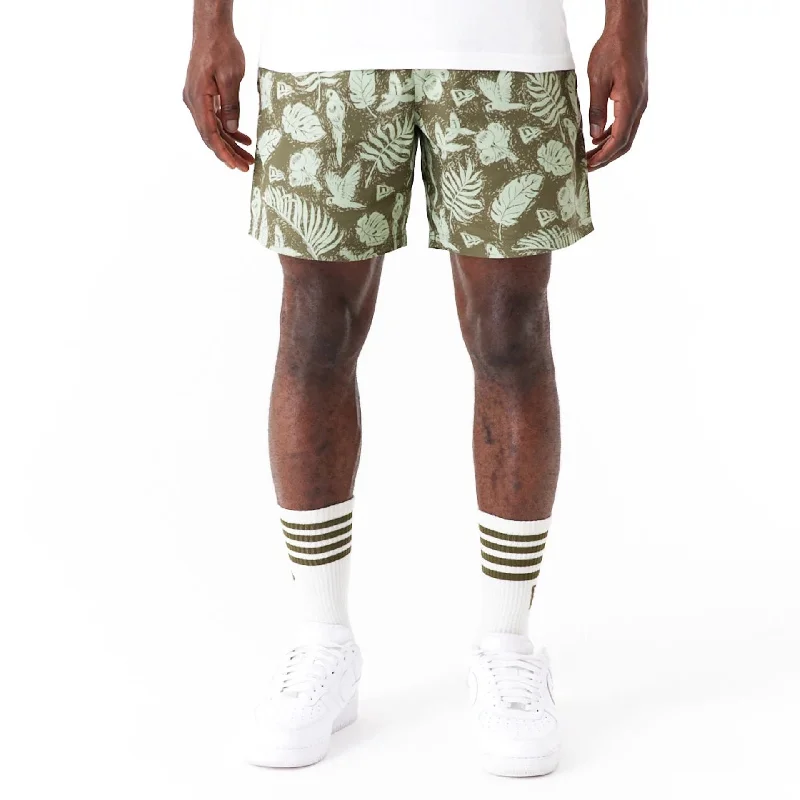 Light Cotton Shorts-New Era All Over Print Green Woven Shorts