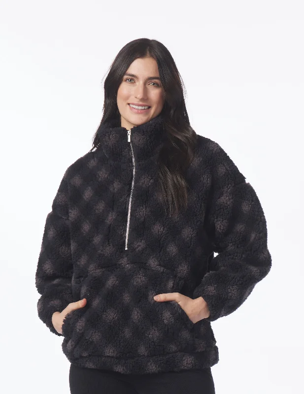 Outdoor Travel Long Sleeve-Sherpa Quarter Zip: Black Buffalo Plaid