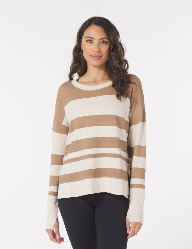 Fashionable Casual Long Sleeve-Lounge Long Sleeve: Almond/Oatmilk Variegated Stripes