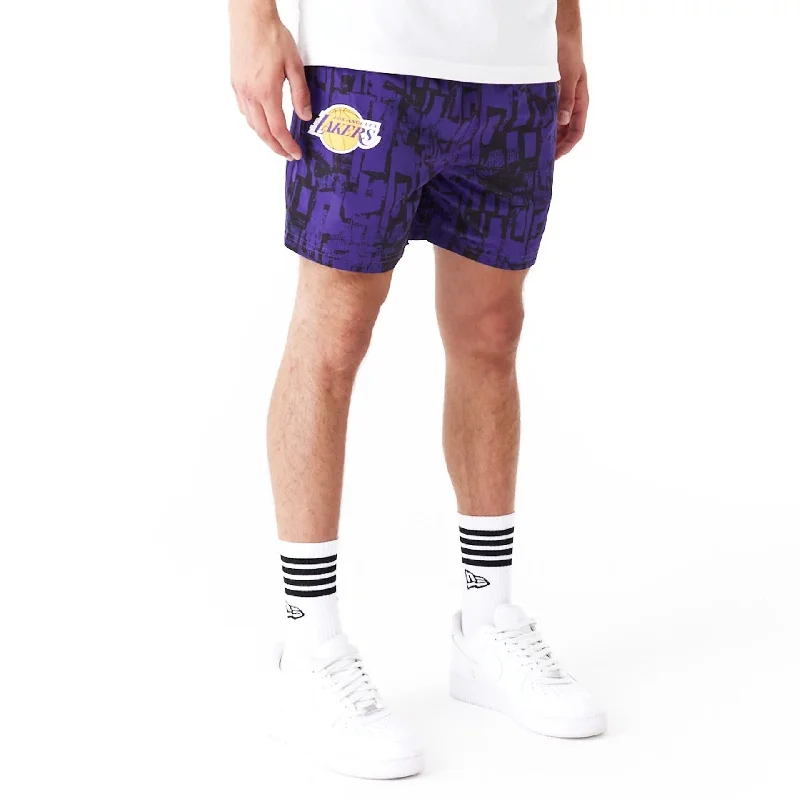 Comfortable Stretch Shorts-LA Lakers NBA All Over Print Purple Shorts