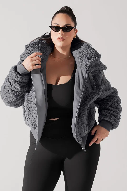 Windproof Running Jacket-The Kinsley Bomber Jacket in Faux Sherpa - Grey