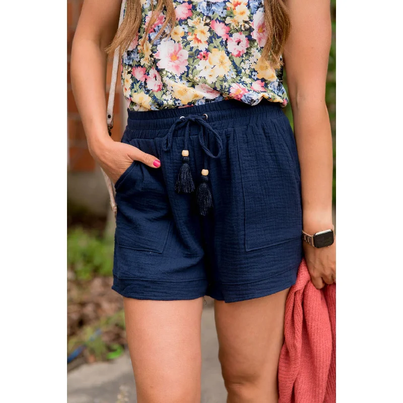 Cool Patterned Shorts-Beaded Fringe Tie Pocket Shorts