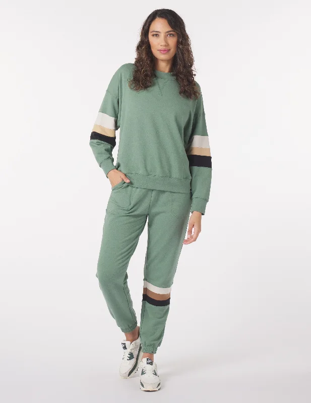 Stylish Mock Neck Long Sleeve-Vintage Oversized Crew: Sage/Tonal Stripes