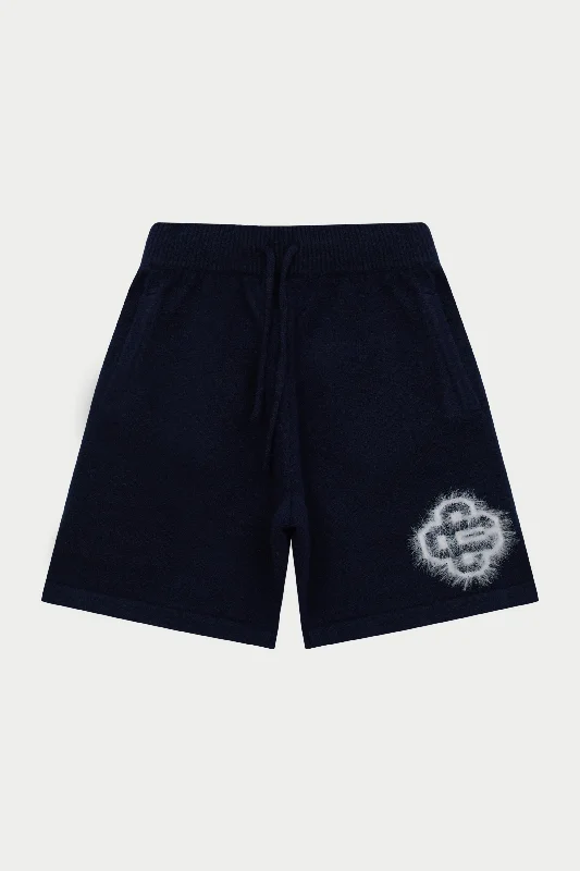 Pleated Front Shorts-FLUFFY EMBLEM KNITTED SHORTS - NAVY