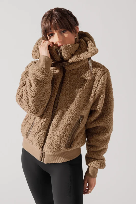 Modern Puffer Jacket-The Kinsley Bomber Jacket in Faux Sherpa - Teddy Bear Brown