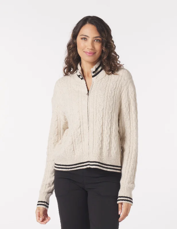 Lightweight Layered Long Sleeve-Leisure Cable Knit Zip Up: Oatmilk/Black