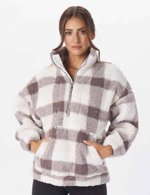 Light Stretch Long Sleeve-Sherpa Quarter Zip: Silver Fog Window Plaid