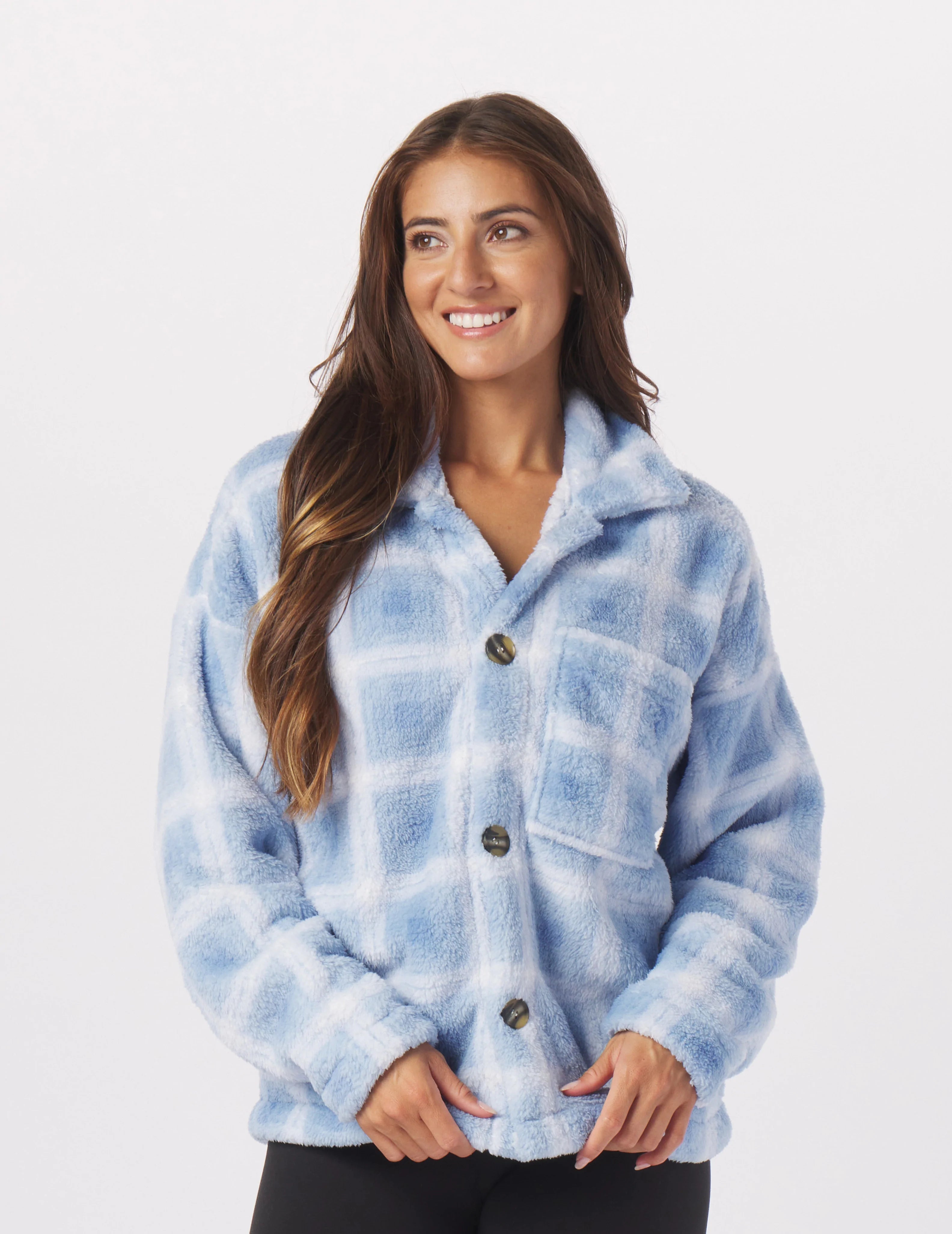 Performance Long Sleeve Top-Show-Stopping Shacket: Ice Blue Jackson Plaid