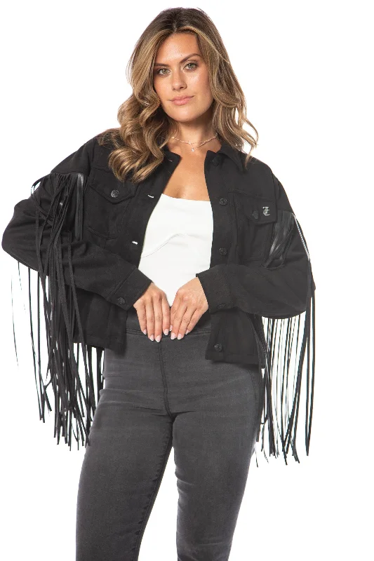 Outdoor Hiking Jacket-Faux Leather Fringe Trucker Jacket