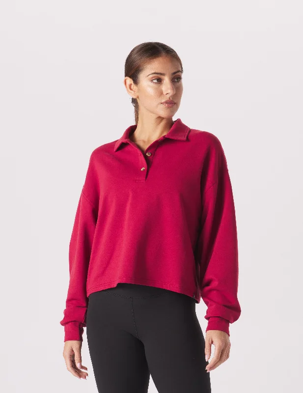 Wool Blend Long Sleeve-Lounge Skimmer Polo: Cardinal