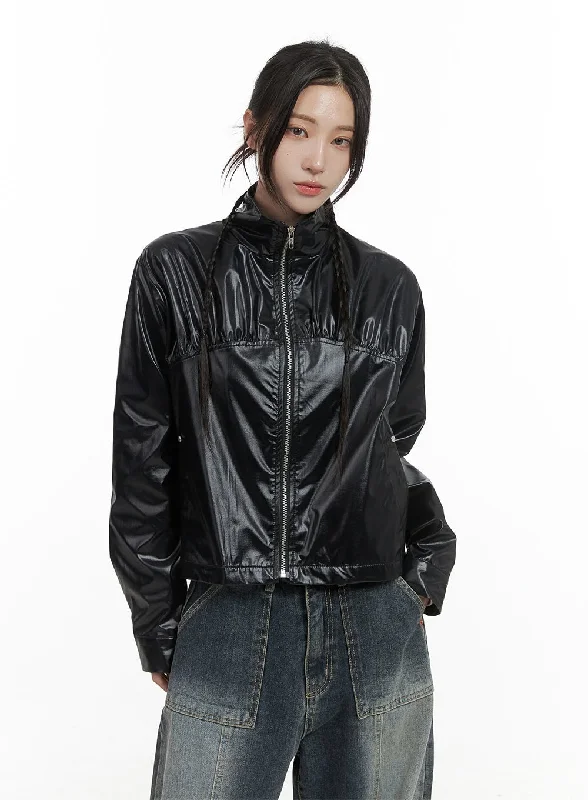 Casual Parka Jacket-Sleek  Zip-Up Polyester Jacket CS430