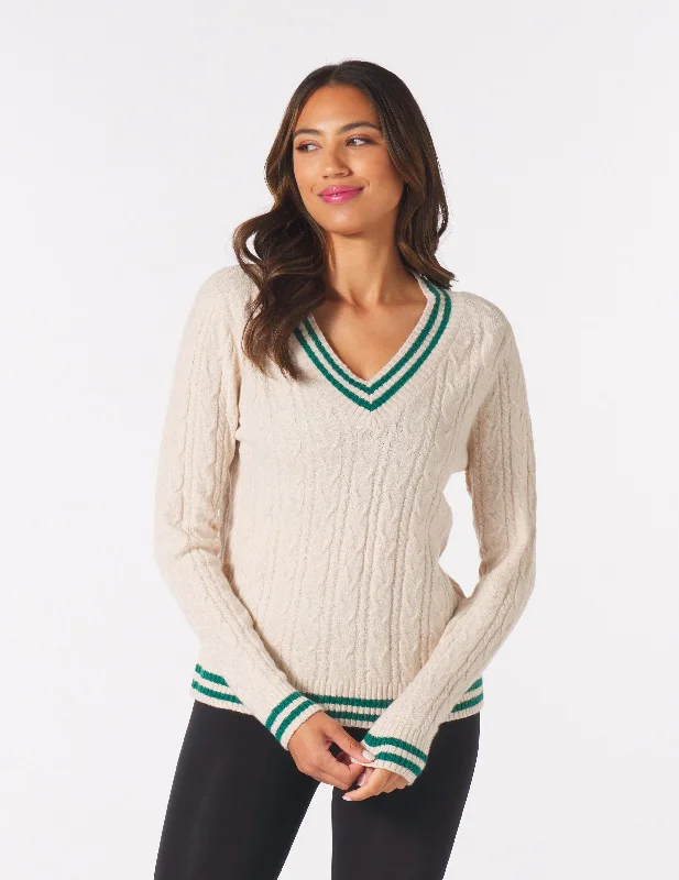 Warm Long Sleeve Hoodie-Hanalei Cable Knit Sweater: Oatmilk/Emerald