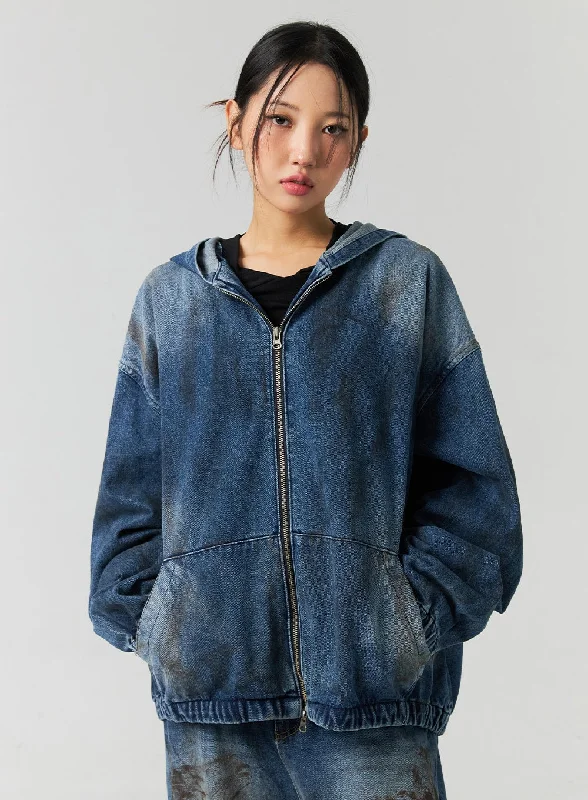 Zip Front Jacket-Zip-Up Denim Hooded Jacket CO323