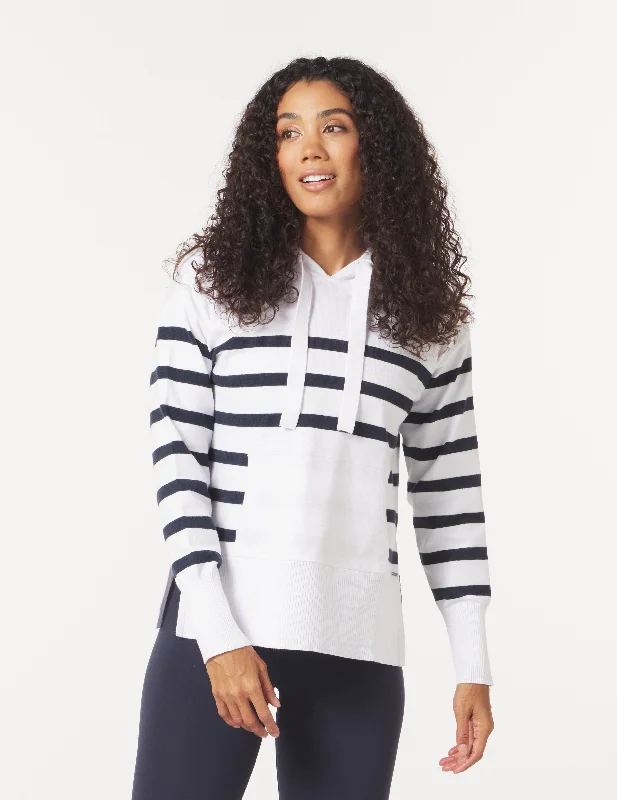 Stretchable Long Sleeve-Elite Hoodie: White/Navy Stripe