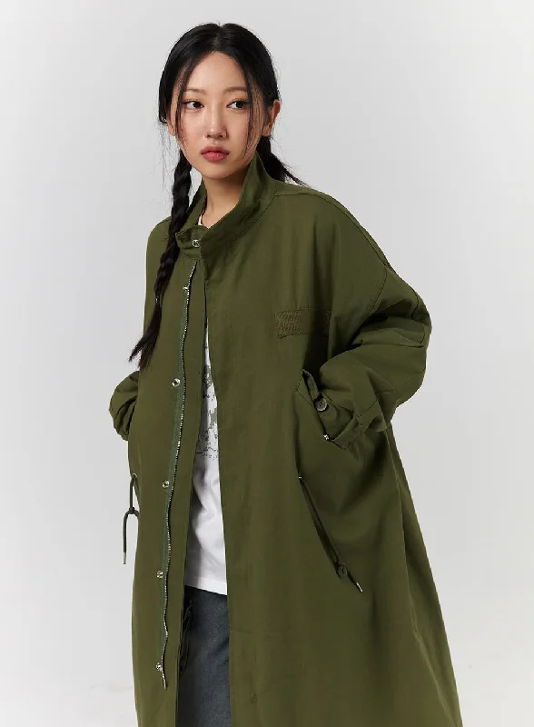 Rainproof Jacket-Collar Solid Zipper Drawstring Long Jacket CD328