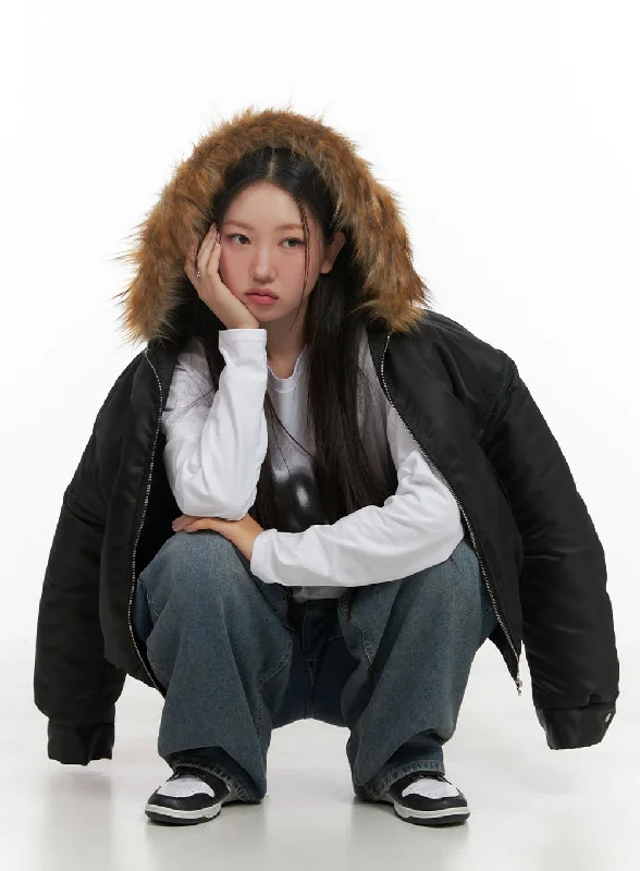 Athletic Track Jacket-Fur Detail Hooded Bomber Jacket CD411