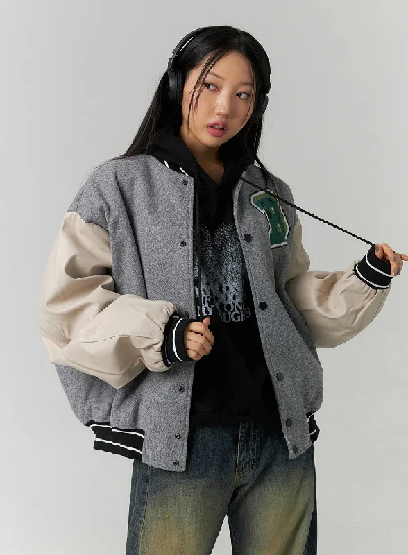 Insulated Jacket-Oversized Color Block Bomber Jacket CN324