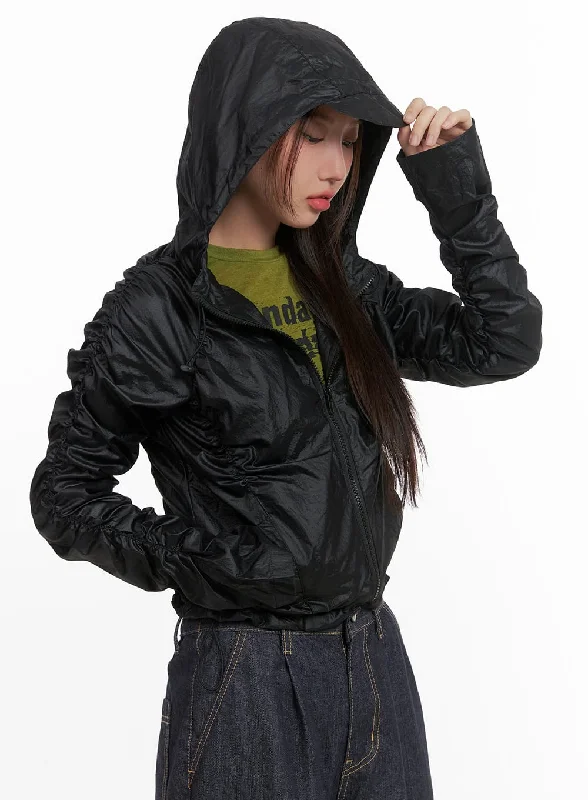 Bomber Flight Jacket-Shirred Hooded Nylon Crop Jacket CO402