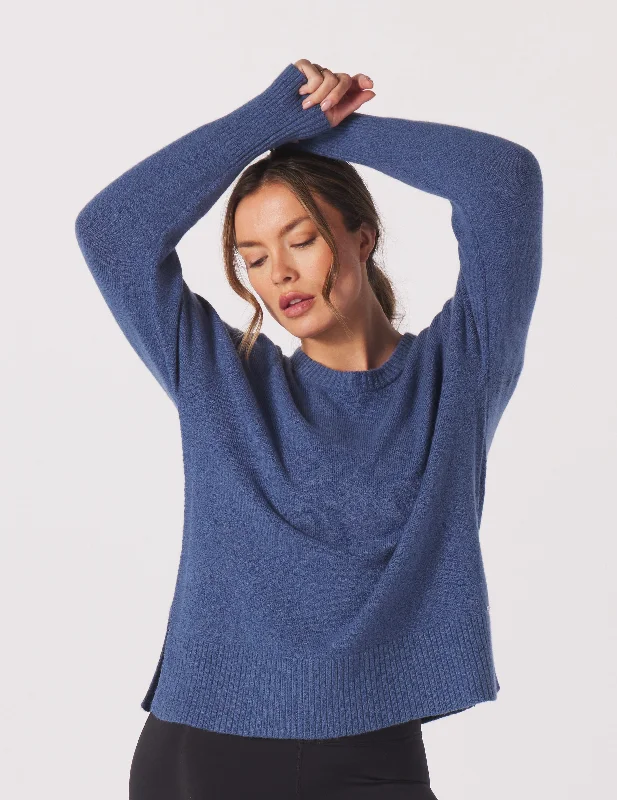 Layered Long Sleeve Top-Elevated Knit Crew: Washed Blue Heather