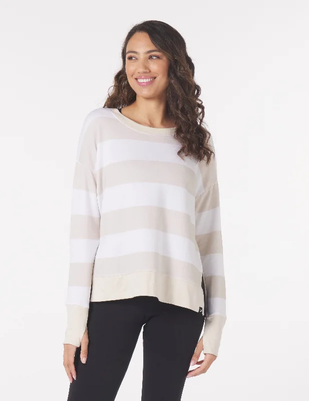 Comfortable Relaxed Long Sleeve-Lounge Long Sleeve: Oatmilk/White Bold Stripes