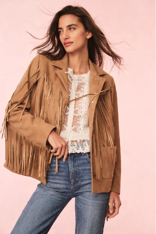 Classic Windbreaker Jacket-Geraline Suede Fringe Jacket