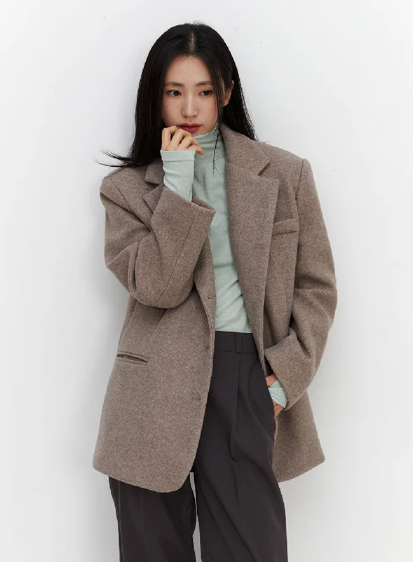 Button-Up Coat Jacket-Notched Collar Wool Blazer OO325