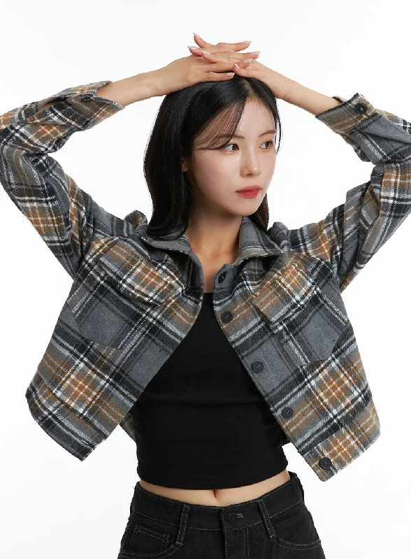 Mountain Jacket-Checkered Crop Button Jacket OD307