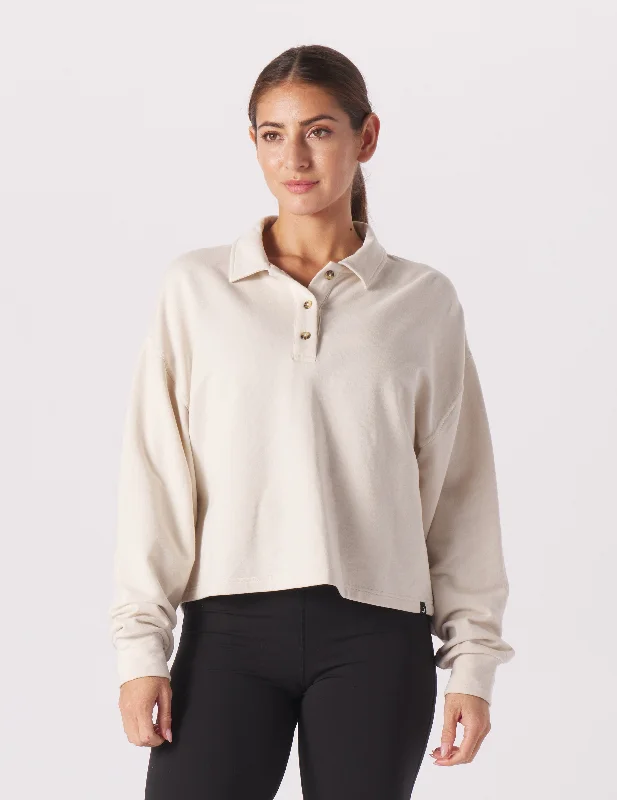 Breathable Long Sleeve Shirt-Lounge Skimmer Polo: Oatmilk