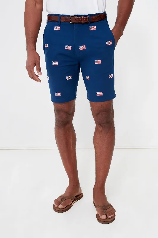 Summer Hiking Shorts-Navy American Flag Embroidered Stretch Twill Cisco Shorts