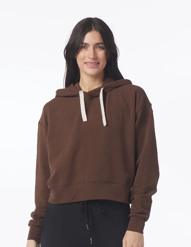 Lightweight Layered Long Sleeve-Vintage Oversized Cropped Hoodie: Espresso