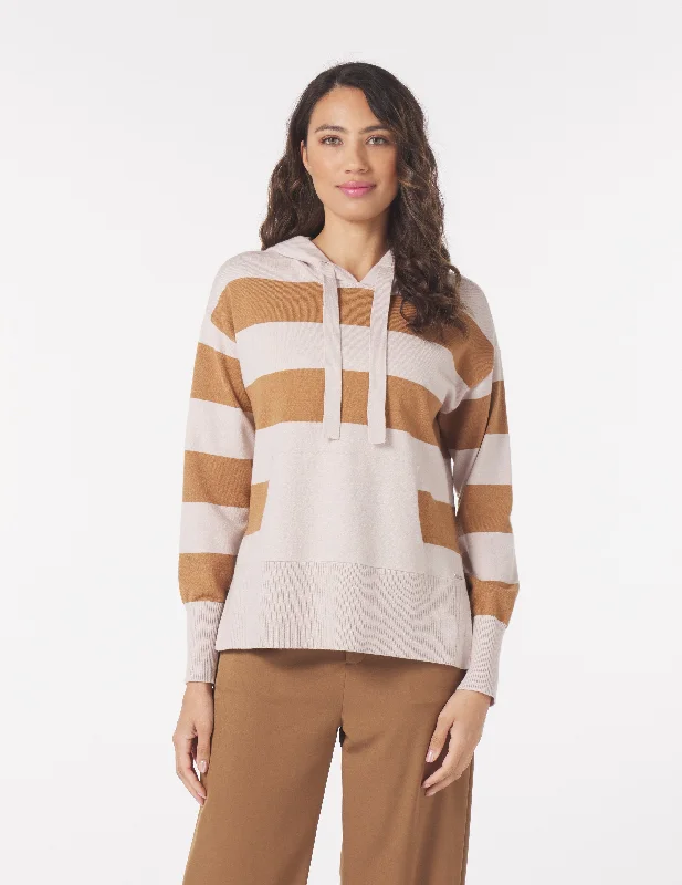 Active Fit Long Sleeve-Elite Hoodie: Oatmilk/Almond Rugby Stripe