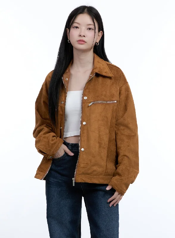 Classic Hooded Jacket-Suede Collar Zip-Up Jacket OO429