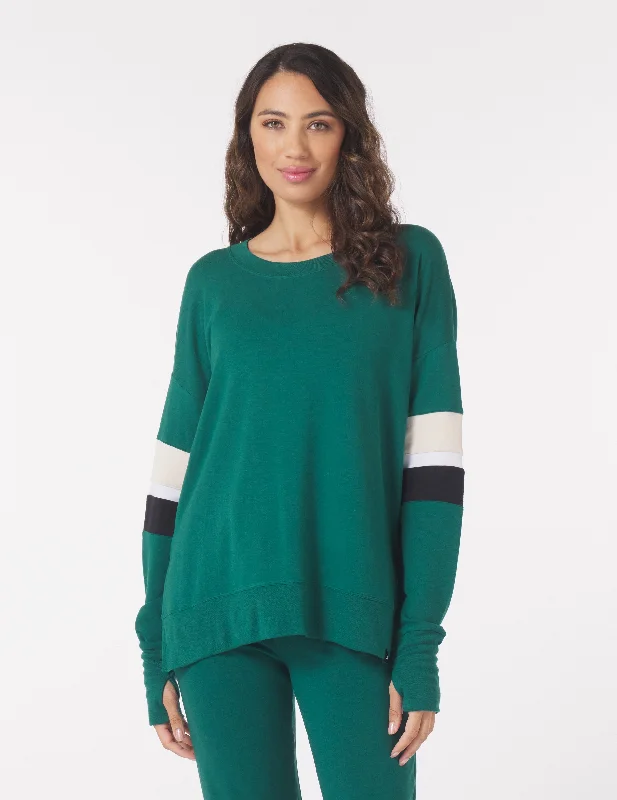 Lightweight Henley Long Sleeve-Lounge Long Sleeve: Emerald with Oatmilk/White/Black Stripes