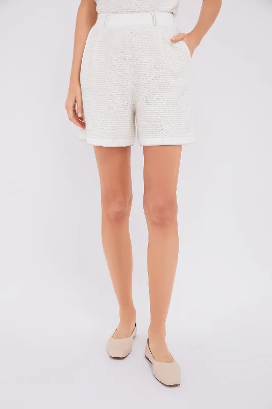 Golf Style Shorts-White Metallic Pleated Shorts