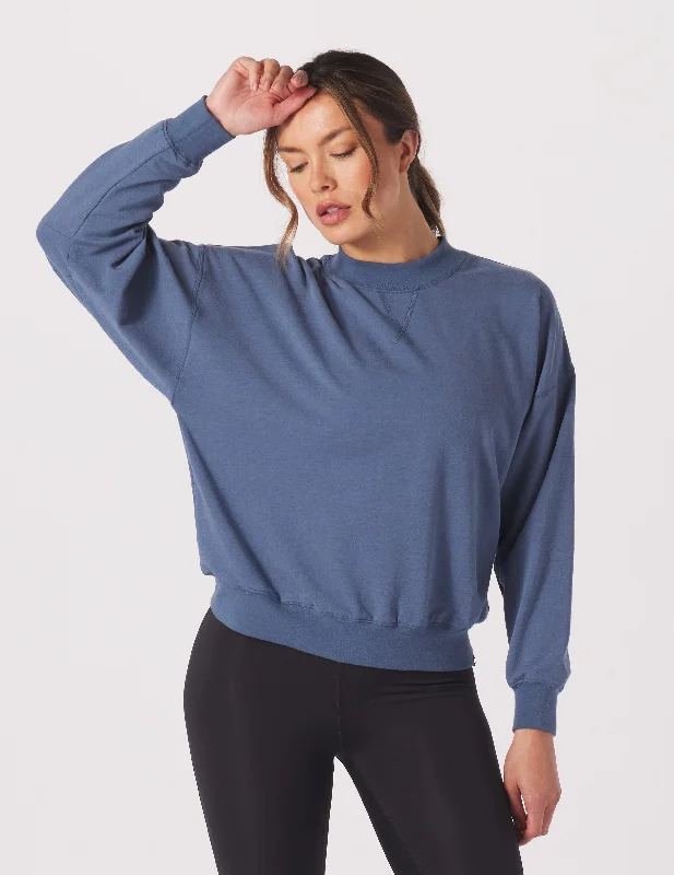 Trendy V-Neck Long Sleeve-Vintage Oversized Crew: Washed Blue